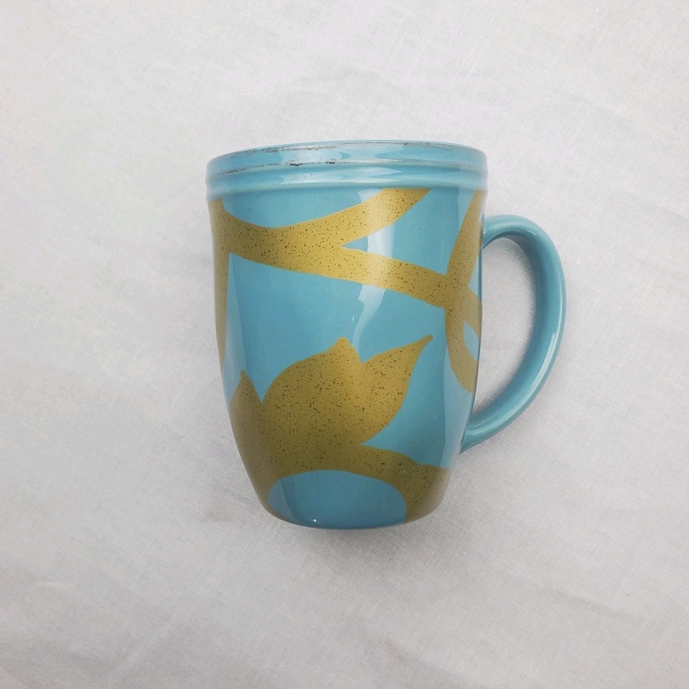 Rachael Ray Blue Gold Scroll Coffee Mug Beverage Cup Set of 2 K014 Drink Dish